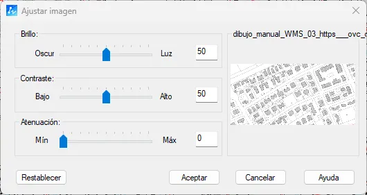 Cuadro de diálogo Ajustar imagen con los controles de brillo, contraste y atenuación