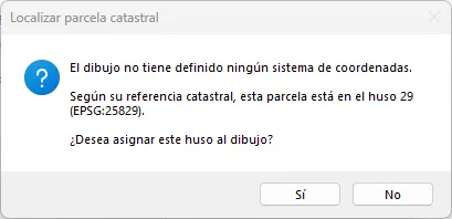 Mensaje que propone asignar al dibujo el huso 29 (EPSG) según la referencia catastral