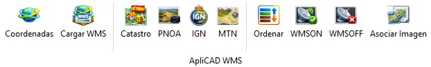 Barra de herramientas ApliCAD WMS con los botones Coordenadas, Cargar WMS, Catastro, PNOA, IGN, MTN, Ordenar, WMSON, WMSOFF y Asociar imagen