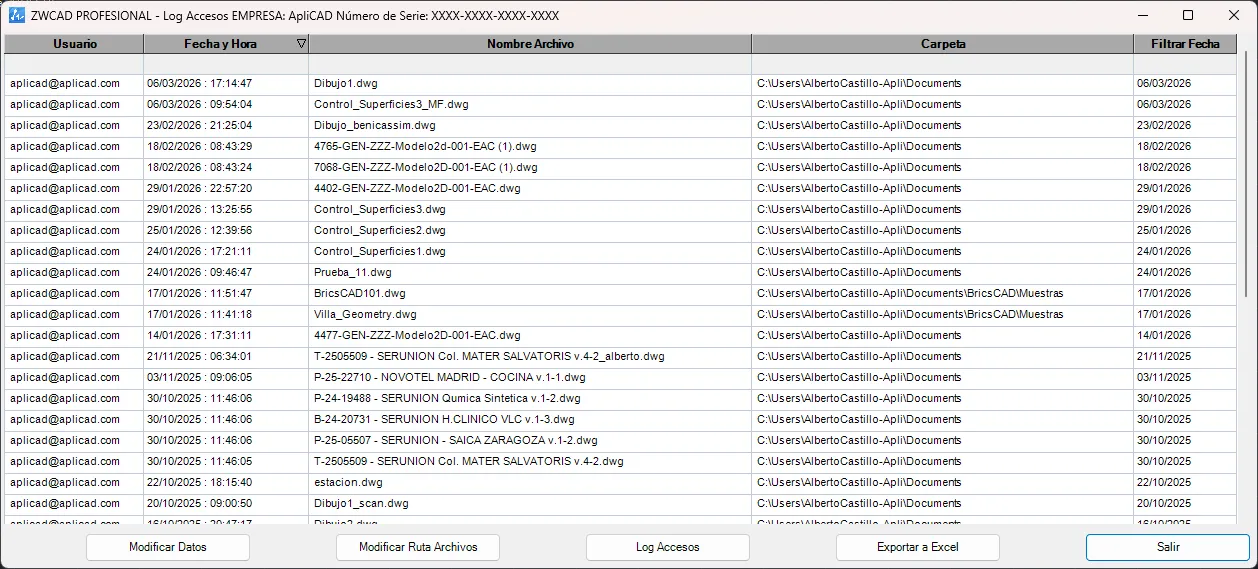 Ventana de búsqueda de archivos con la lista de dibujos DWG ordenados por fecha y los botones Modificar datos, Modificar ruta archivos, Log accesos, Exportar a Excel y Salir