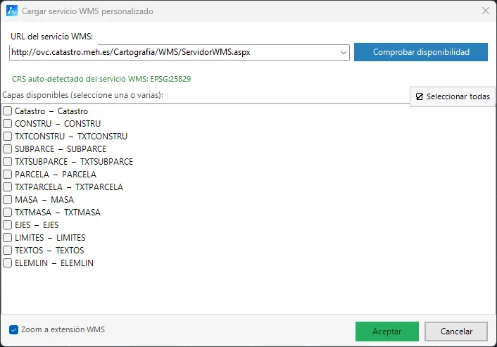 Formulario Cargar WMS con la URL del Catastro, el sistema de coordenadas detectado EPSG y la lista de capas disponibles