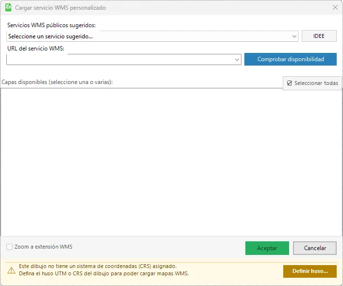 Formulario Cargar servicio WMS personalizado con el aviso de que el dibujo no tiene sistema de coordenadas y el botón Definir huso