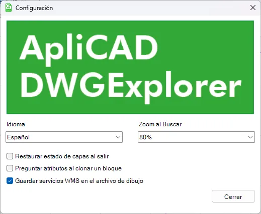 Cuadro de diálogo Configuración con el idioma, el zoom al buscar y las opciones de capas, atributos y servicios WMS