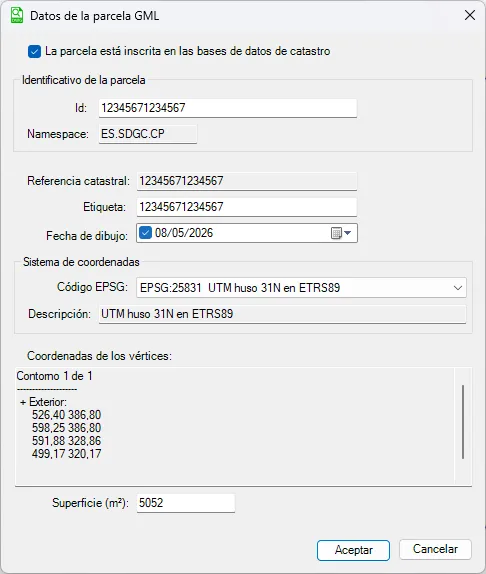 Cuadro Datos de la parcela GML con la referencia catastral, la etiqueta y el sistema de coordenadas EPSG rellenados