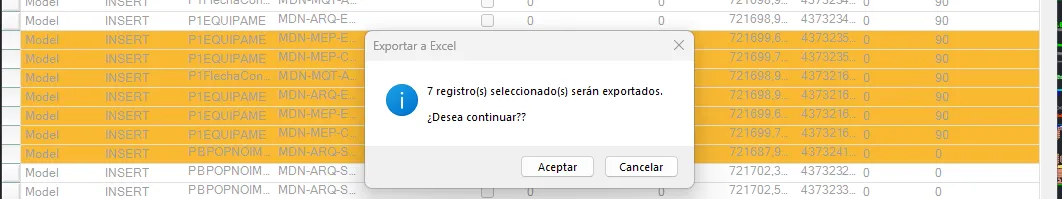 Aviso de Exportar a Excel indicando que se exportarán los 7 registros seleccionados