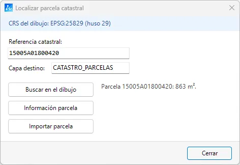 Ventana Localizar parcela catastral con el sistema de coordenadas EPSG asignado y la superficie de la parcela