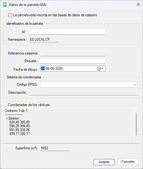 Cuadro Datos de la parcela GML con los campos de identificación vacíos y las coordenadas de los vértices y la superficie de la parcela seleccionada