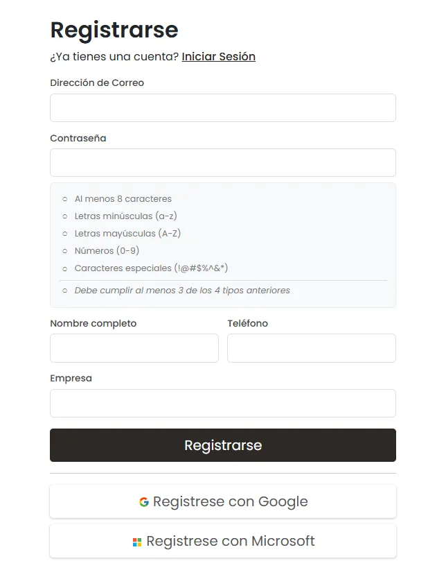 Formulario de registro con correo, contraseña, nombre completo, teléfono y empresa, y las opciones de registro con Google o Microsoft