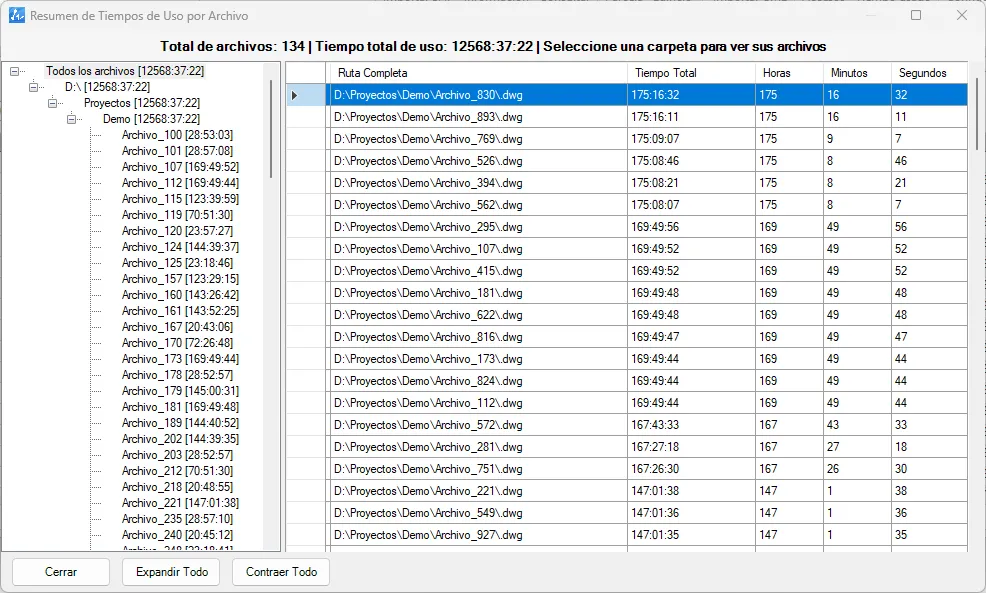 Resumen de tiempos de uso por archivo con el tiempo total y el desglose en horas, minutos y segundos, con datos de ejemplo