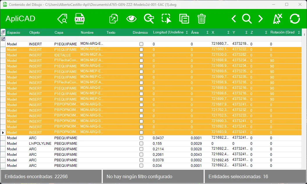 Tabla de entidades con varios registros seleccionados resaltados en naranja