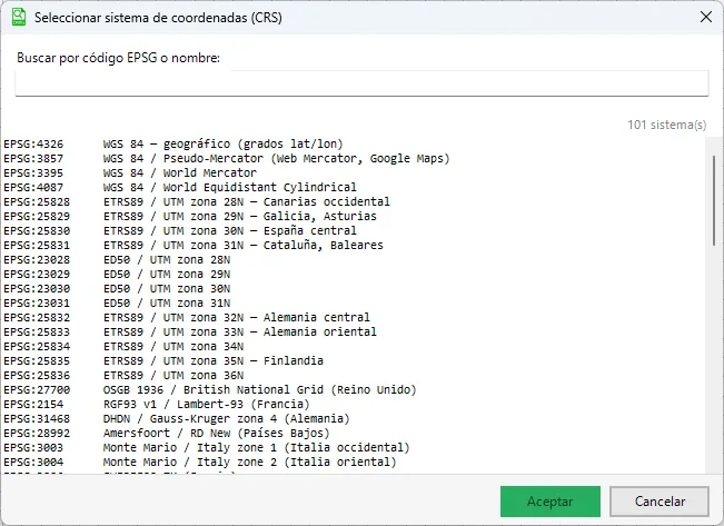Cuadro de diálogo Seleccionar sistema de coordenadas (CRS) con buscador por código EPSG y la lista de sistemas disponibles