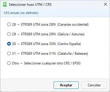 Cuadro de diálogo Seleccionar huso UTM / CRS con los husos ETRS89 UTM 28N a 31N y la opción Otro