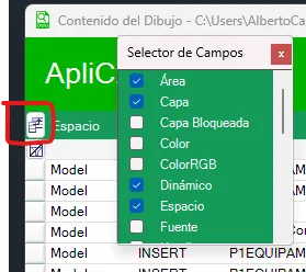 Botón de selección de columnas marcado en rojo y la ventana Selector de campos con la lista de columnas