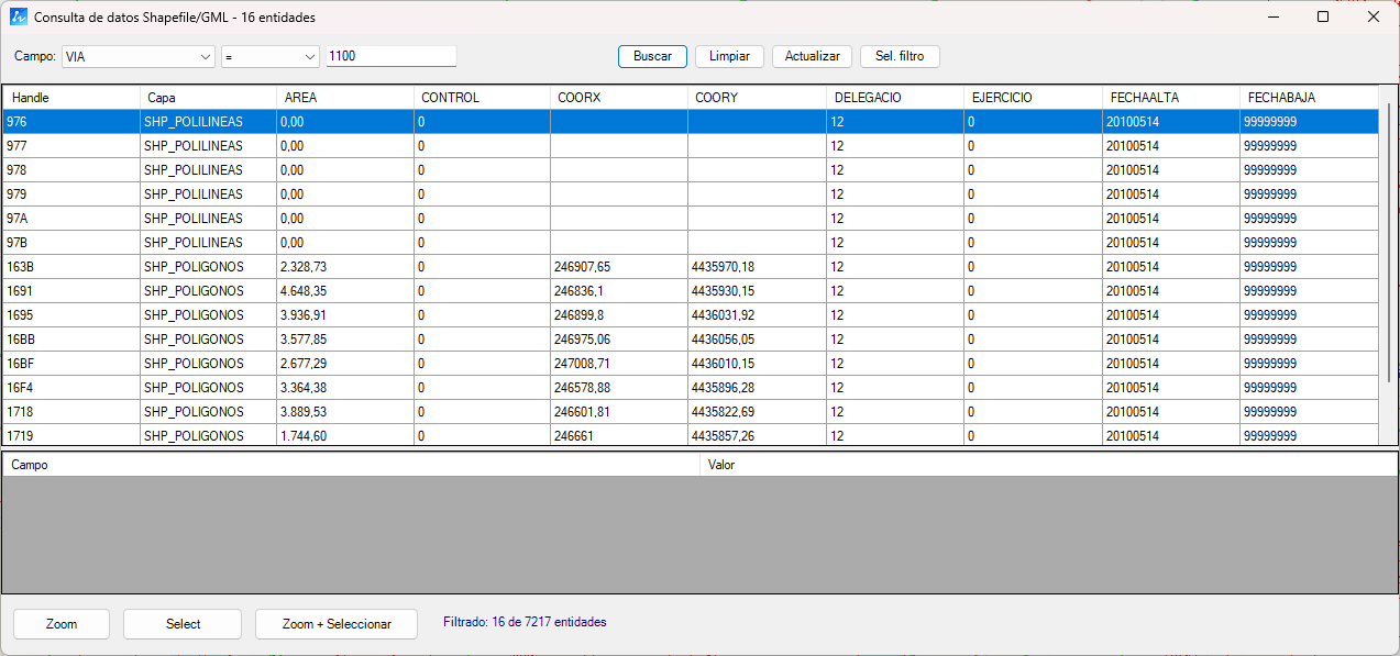 Consulta de atributos SHP con filtro y zoom en DWGExplorer