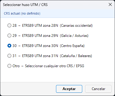 Diálogo de selección de huso y sistema de coordenadas en DWGExplorer