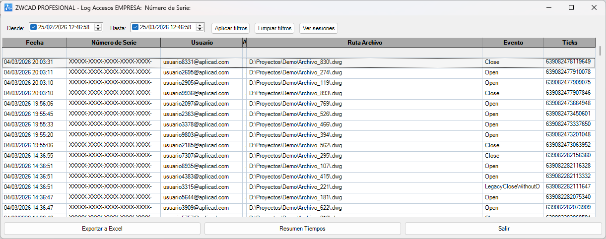 Log de tiempo de uso por archivo DWG en DWGExplorer