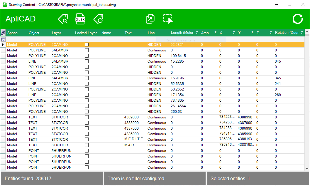 Tabla de exploración de DWGExplorer con datos del dibujo.